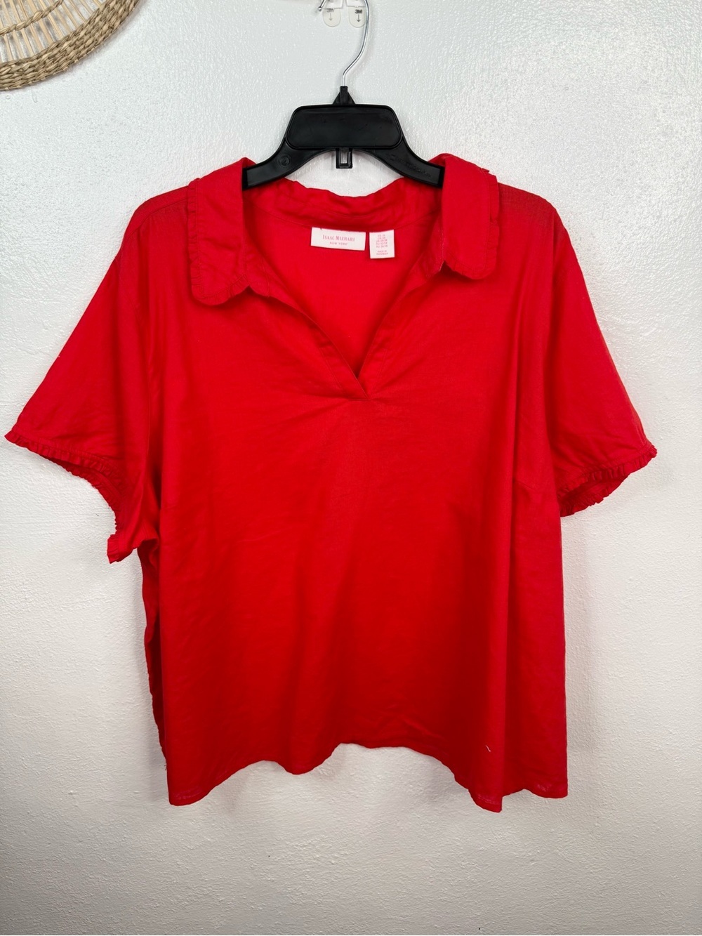 Isaac Mizrahi New York Blouse 3XL Red Top Popover Short Sleeve V Neck Linen